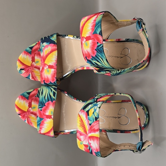 Jessica Simpson Wedge Sandal Sz 6 Cork Fabric Upper Sling Back Tropical Colorful - Picture 4 of 12